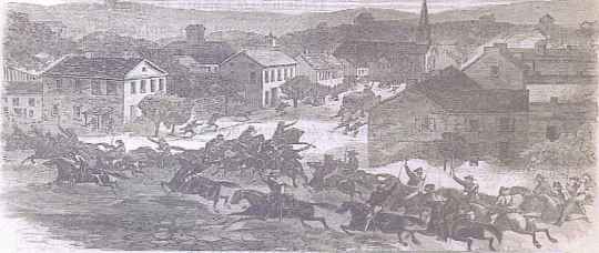 Morgan's Freebooters enter Washington, Ohio ~Harper's Weekly, Aug, 1863