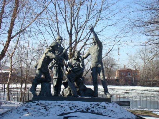 Bicentennial Legacy Monument stands on a mound at Zane's Landing on the Muskingum River.