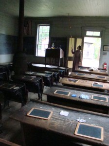 Desks with slates in old schoolhouse