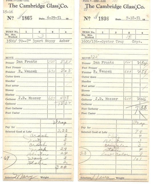 Two of Dad's turncards show he was finisher, the item being made, and amount paid.