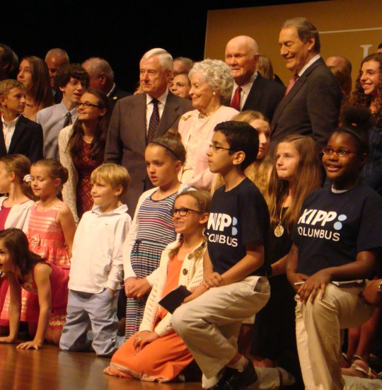 John and Annie Glenn and Charlie Rose welcomed students on stage.