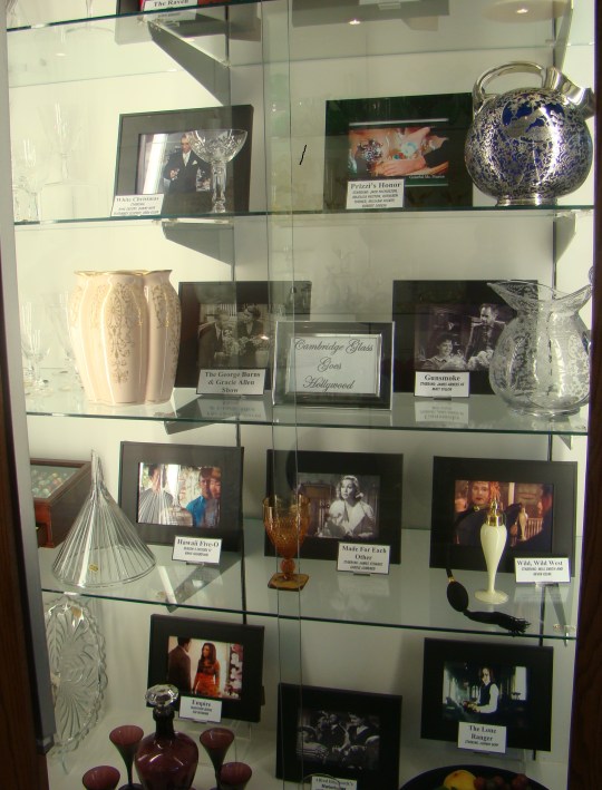 This display shows some of the Cambridge Glass used in movies or television shows.