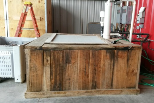 The plastic bin filled with nuts gets dipped into the "Nut Jacuzzi" to kill any possible insects or eggs.